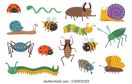 Cartoon insects set. Funny bugs, caterpillar, fly, bee, ladybird, snail, spider, mosquito. Can be used for wildlife, nature, garden, forest concept