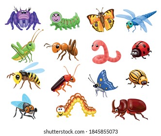 Cartoon insects set. Funny bugs, cute butterfly and beetles. Happy Ant, caterpillar wasp and spider for children vector illustration,