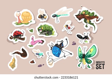 Cartoon insects set vector illustration. Butterfly, beetle, spider, ladybug and caterpillar, wild forest entomology insects flat concept