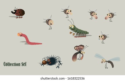Cartoon insects - spider, worm, bee, butterfly, caterpillar, ladybug, dragonfly. Set of vector illustrations.