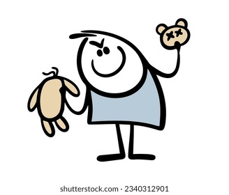 Cartoon insidious bully boy tore off the head of teddy bear. Vector illustration of a teenager spoiling a childs toy. Creative doodle character isolated on white background.