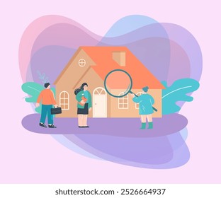 Inspetor de desenhos animados examinando a casa com lupa. Casal procurando por casa ou inspecionando a ilustração de vetor plana do edifício. Imobiliária, conceito de inspeção domiciliar para banner ou landing page