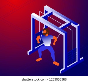 Cartoon instructor training muscles on gym machine