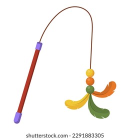 Cartoon insulated wand with a feather and fluffy multicolored balls on a long string for kitten games.