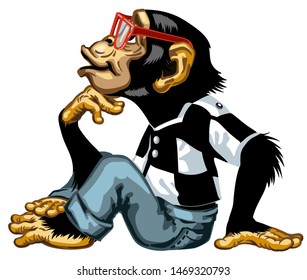 Cartoon intelligent Chimpanzee wearing a red glasses Smart great ape or chimp monkey sitting in thinker pose and looking up. His one hand on chin. Romantic emotion. Isolated side view vector