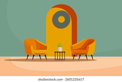 cartoon interior with armchairs and small table, vector illustration