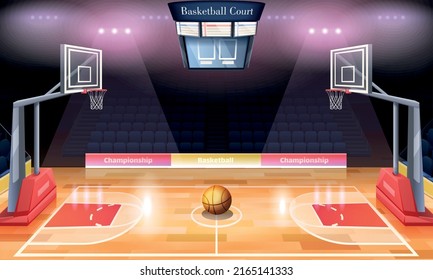 Cartoon Interior Of Basketball Court With Scoreboard Empty Seats Spotlights And Ball In Middle Vector Illustration