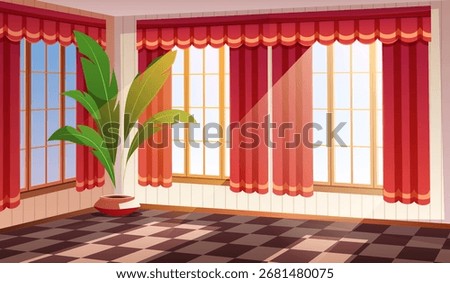 Cartoon interior with curtains. Empty cozy living room with large window, textile home decor, indoor plant, apartment hall, trendy contemporary classic luxury house background, tidy vector concept