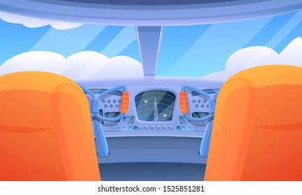 Cartoon Interior Of A Flying Airplane Cockpit, Vector Illustration