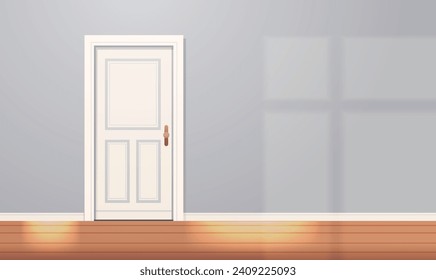 Caricatura interior de habitación gris con puerta blanca. Ilustración vectorial plana simple con espacio de copia