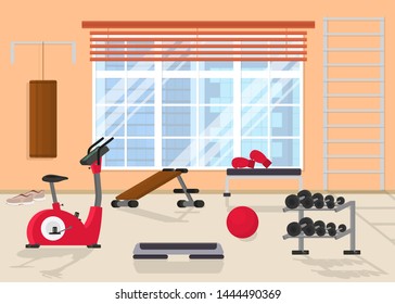 Cartoon Interior Inside Home Gym with Window Include of Dumbbell, Barbell, Sportswear, Treadmill and Stepper. Vector illustration