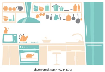 Cartoon Interieur der Küche Platz Konzept in flachem Design. Küchensymbole und -elemente in minimalistischem Stil und Farbe.