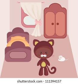 Cartoon interior. Kitten and mouse in the middle of bedroom