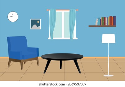 cartoon interior of a living room with sofa, tea table, clock full free vector