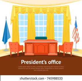 Cartoon Interior President Government Office or Cabinet Card Poster with Furniture Flat Style Design Elements. Vector illustration