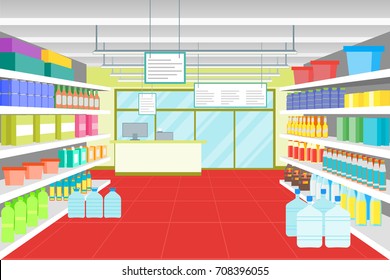 Cartoon Interior Shop or Supermarket with Furniture Shelves and Cash Register Terminal Flat Style Design Element. Vector illustration