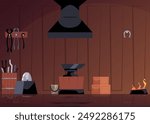 Cartoon interior of smithy workshop with furnace with fire, anvil, tools and metallurgy equipment. Vector flat illustration of forge workplace with instruments