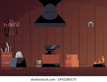 Cartoon interior of smithy workshop with furnace with fire, anvil, tools and metallurgy equipment. Vector flat illustration of forge workplace with instruments