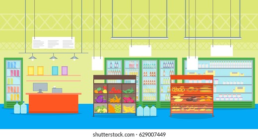 Cartoon Interior Super Market Or Shop With Furniture Shop Shelves Set And Cash Register Flat Style Design Elements. Vector Illustration