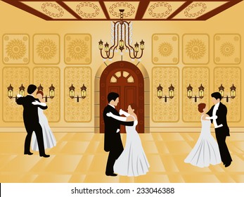 Cartoon Interior - Vector Illustration Of A Ballroom Along With Waltz Dancers.