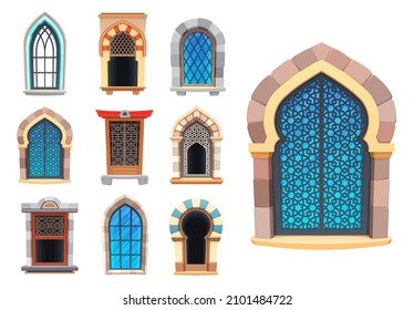 Cartoon interior windows of castle, temple and fortress. Vector palace exterior european, asian and arabic window casement. Architecture medieval or antique facade interior element