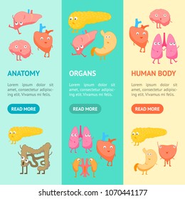 Cartoon Internal Organs Funny Emotions Banner Vecrtical Set Medical Health Care Concept Flat Design Style. Vector illustration of Organ Emotion