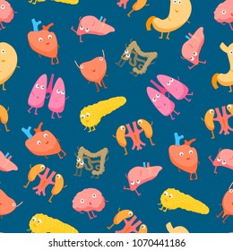 Cartoon Internal Organs Funny Emotions Seamless Pattern Background Concept Flat Design Style. Vector illustration of Organ Emotion