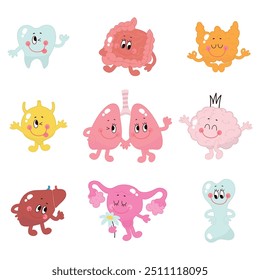 Cartoon internal organs. Funny stomach lungs brain liver bone and tooth. Cute characters of human body, childish mascots nowaday vector set