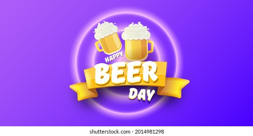 Cartoon international beer day horizontal banner or poster with beer glass isolated on violet background. Happy beer day label poster or horizontal greeting flyer card design template