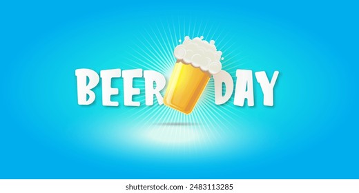 Cartoon international beer day horizontal banner or poster with beer glass isolated on light blue water background . Happy beer day label or horizontal greeting flyer card