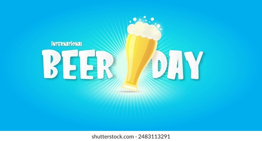 Cartoon international beer day horizontal banner or poster with beer glass isolated on light blue water background . Happy beer day label or horizontal greeting flyer card