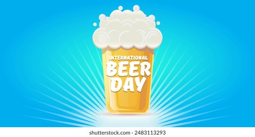 Cartoon international beer day horizontal banner or poster with beer glass isolated on light blue water background . Happy beer day label or horizontal greeting flyer card