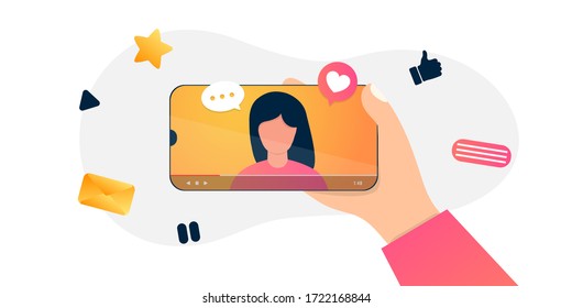 Cartoon internet blogger recording media content. Influencer filming video blog. Girl takes photography on her smartphone vector illustration