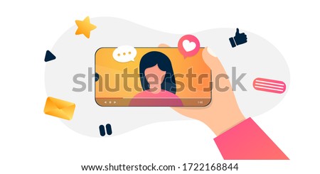 Cartoon internet blogger recording media content. Influencer filming video blog. Girl takes photography on her smartphone vector illustration