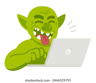 Cartoon internet troll typing comment on laptop, laughing with tongue sticking out. Funny vector illustration of trolling or cyberbullying.