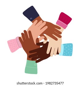 Cartoon inter-racial friendship, solidarity of people, help support in diversity symbol concept in isolated on white background. stack of hands. Teamwork. concept of international friendship. 