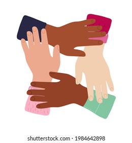 Cartoon inter-racial friendship, solidarity of people, help support in diversity symbol illustration vector isolated in white background. stack of hands. Teamwork. 