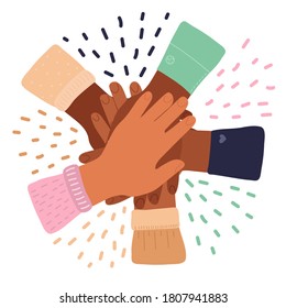 Cartoon inter-racial friendship, solidarity of peoples, Association of different people. stack of hands. Teamwork.concept of international friendship. Vector isolated on white