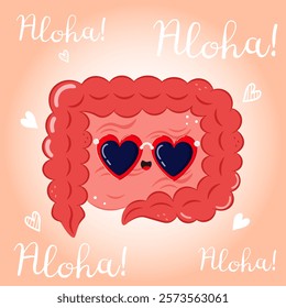 Cartoon Intestine with heart-shaped glasses, pink background, surrounded by Aloha! text and hearts, cheerful, fun concept