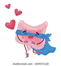 Cartoon intestine in love. Vector illustration on white background.