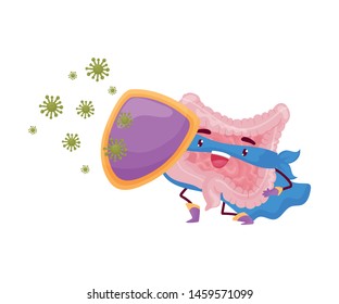 Cartoon intestine is protected by a shield from microbes. Vector illustration on white background.