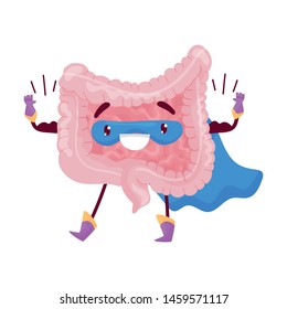 Cartoon intestine shows the muscles in his arms. Vector illustration on white background.