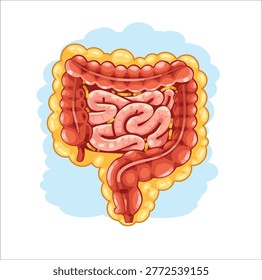 Cartoon intestines surrounded by visceral fat showing abdominal obesity, metabolic risk, and digestive system health concept.