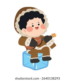Cartoon of Inuit Boy Playing Ukulele music