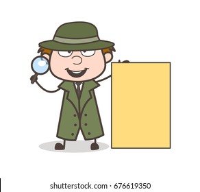 Cartoon Investigator with Ad Banner Vector Illustration