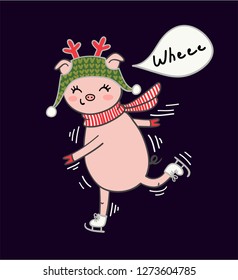 Cartoon invitation card. Piglet is skating. Wheee in a speech bubble. Vector winter illustration