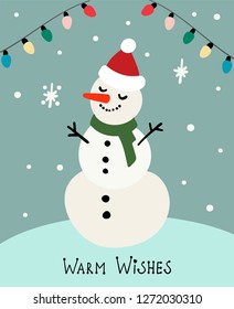 Cartoon invitation card. Snowman on light backdrop. Warm wishes. Vector new year illustration
