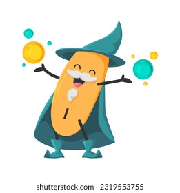 Cartoon iodine mineral micronutrient wizard character. Isolated vector I warlock capsule personage wear witch hat hold magic balls in hands. Funny food supplement wiz, nutrient or element bubble mage