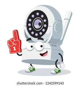 cartoon IP camera security system character mascot with the number 1 one sports fan hand glove on a white background