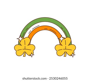 Cartoon Irish groovigen Regenbogen, Heiliger Patrick Tag Feiertag Symbol. Isolierte Vektorregenbogen in Irland Nationalflaggenfarben und goldene Kleeblätter an den Enden. Zeichen der Hoffnung, des Glücks und der Freude